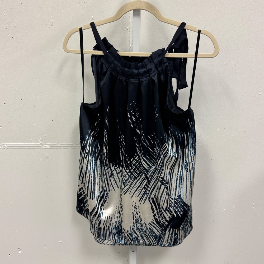 T Tahari‎ Abstract Print Pleated Halter Neck Satin Blouse Large Navy White